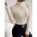 Plus Size 1XL-5XL Women's Slim Fit Ribbed Knit Turtleneck Knitted Sweater Long Sleeve Light Gray Elegant Versatile Pullover Top.