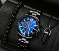 Luxury Black Stainless Steel Business Watch Deal For Men-Top Fashion Classic Round Dial Casual Watch+Natural Six Sided Oxyen Ston Nacklace+Black Natural Bead BracletFor Men/Boys Mens Fashion Watch Acessories Deal -Trendy Black Watch In Random Dial Design. 