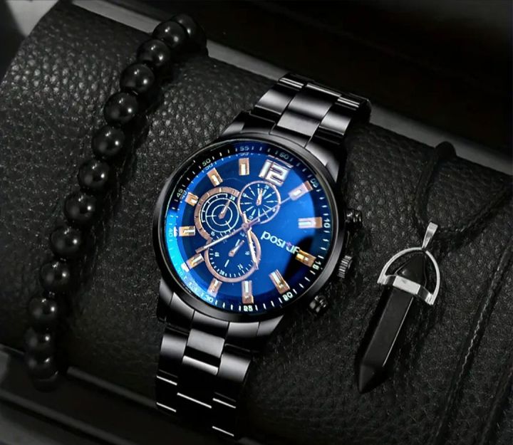 Luxury Black Stainless Steel Business Watch Deal For Men-Top Fashion Classic Round Dial Casual Watch+Natural Six Sided Oxyen Ston Nacklace+Black Natural Bead BracletFor Men/Boys Mens Fashion Watch Acessories Deal -Trendy Black Watch In Random Dial Design