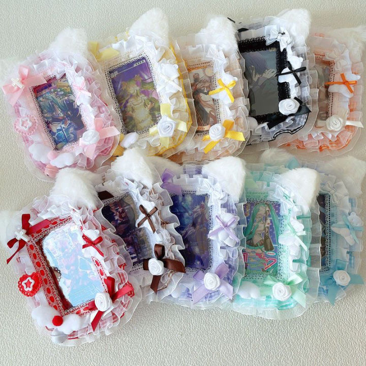 1Pc Lace Photo Card Holder, 10 Colors, Bowknot Plush Angel Wings Bell Handmade DIY Finished Product, Anime Cartoon Game Character Card Holder, Fan Support Merchandise, Fan Circle Collection, B8 Small Card Holder, Polaroid Photo Display, Student Card St...