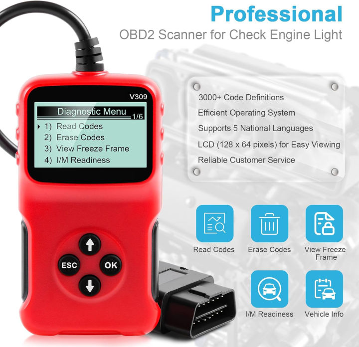 V309 OBD2 Scanner Automotive Diagnostic Tools Professional Engine DTC ...