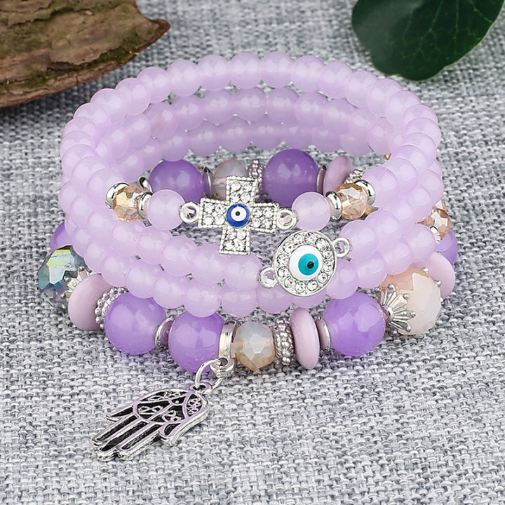 Fatima Cross Evil Eyes Charm Glass Beads Bracelets Set Purple Black