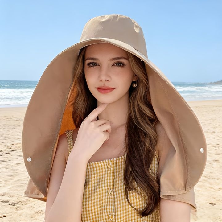 Wide Brim Sun Hat For Women With Neck Face Protection Ponytail Design Shawl Hat For Beach Outdoor Travel And Photography