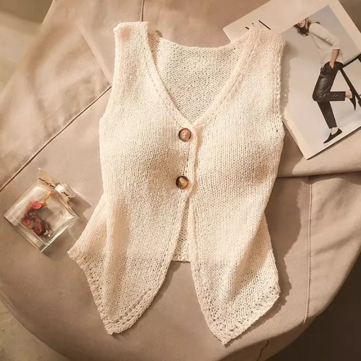 Summer%20Women%20Fashion%20Solid%20Color%20Chic%20Buttons%20V-neck%20Sleeveless%20Knitted%20Camisole%20-%20Image%203