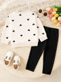 Girls' Heart Print Sweatshirt Set Beige Long-Sleeve Top + Black Leggings 2-Piece Casual Kids Outfit. 