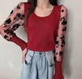 Casual Fashion Contrast Floral Full Sleeve Mesh Mock Neck Tee. 