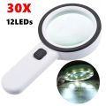 30X High Power UV Light Magnifier with 12 LED Portable Handheld Loupe for Jewelry Repair Reading and Inspection. 