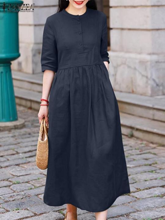 ZANZEA%20Elegant%20Commute%20Midi%20Dress%20Half%20Sleeve%20Solid%20Color%20Autumn%20Pleated%20A-line%20Vestidos%20O%20Neck%20Casual%20Fashion%20Women%20Robe%20Femme%20-%20Image%202