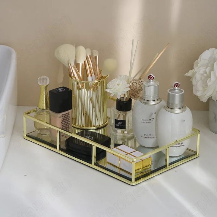Gold Metal Glass Tray,Makeup Organizer,Vanity Tray, Gold Jewelry Tray,Cosmetics Organizer