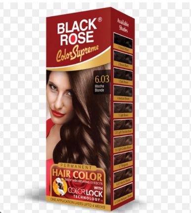 Black Rose Color supreme permanent hair color deep nourishing effect with color lock technology one application lasts upto 4 weeks Number 6.03 color Mocha Blonde