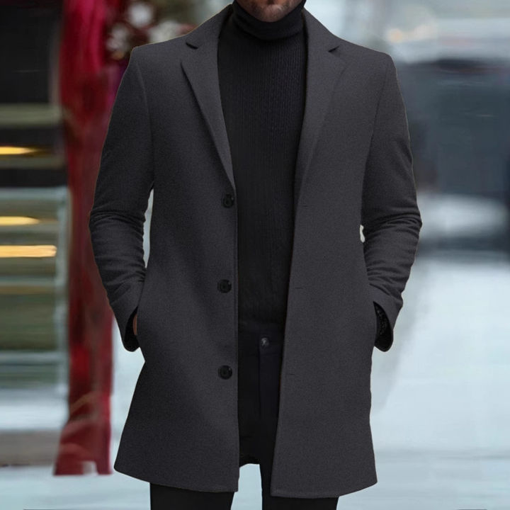 Men's Wool Pea Coat Solid Color Lapel Collar Single Breasted Jacket Warm Mid Length Winter Trench Coat