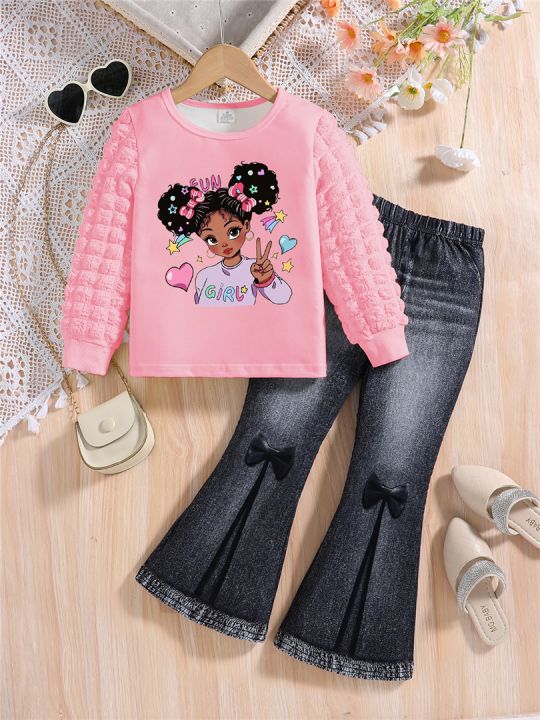 Spring%20and%20Autumn%20Girls'%20Fashion%20Set%20with%20White%20Round%20Neck%20Cartoon%20Printed%20Long%20Sleeve%20and%20Solid%20Color%20Slimming%20Pants,%20Two%20Piece%20-%20Image%208