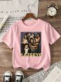 Girls' graphic T-shirt suitable for children featuring KATSEYE print design casual short sleeves crew neck.