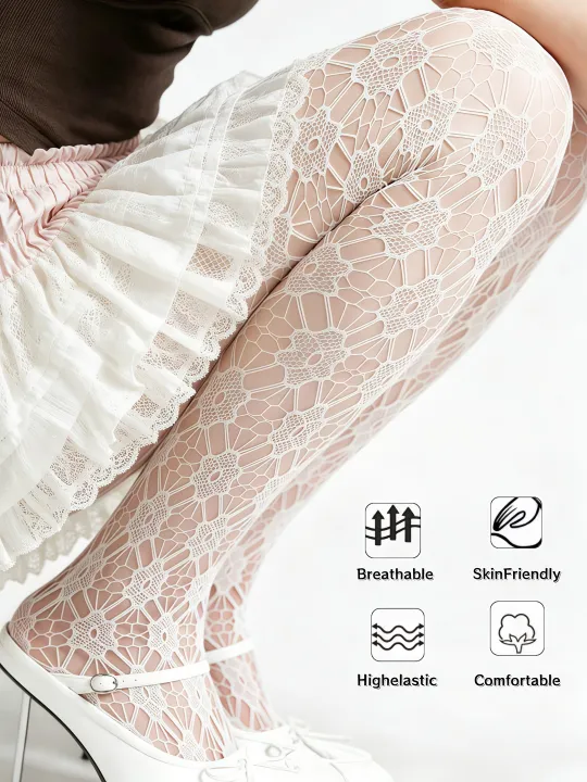 Women's%20White%20Hollow%20Out%20Tights%20French%20Gentle%20Style%20Diamond%20Mesh%20Friendly%20Comfortable%20Versatile%20Pantyhose%20For%20Dating%20Shopping%20-%20Image%203
