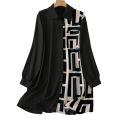 Plus Size 1XL-5XL Women's Elegant Button-Up Shirt with Geometric Print and Black Accents Ladis Long Sleeves Office Wear Shirt.