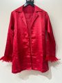 Red Color Two Piece Silk Pajamas Set With Feather For Women. 