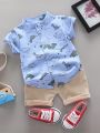Infant Toddler Summer Dinosaur Print Short Sleeve Shirt And Shorts Set Fashionable Outdoor Standing Collar Top for Kids. 