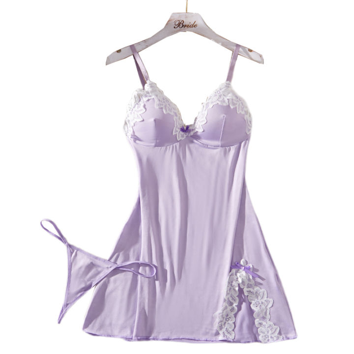 Light Purple Deep V Women Nightdress Lingerie Dress Set