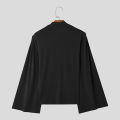 American Style New Men's Layered Design Swing Collar T Shirts Retro Streetwear Leisure Solid Long Sleeved Irregular Blouse S-2XL. 