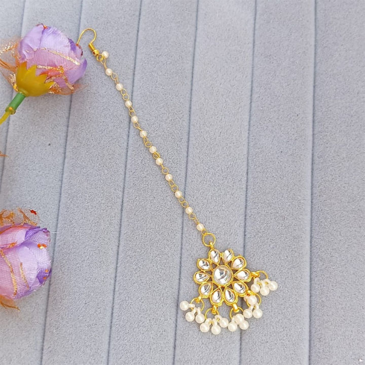 Kundan Pearl Tikli for Women Traditional Indian Hair Accessory