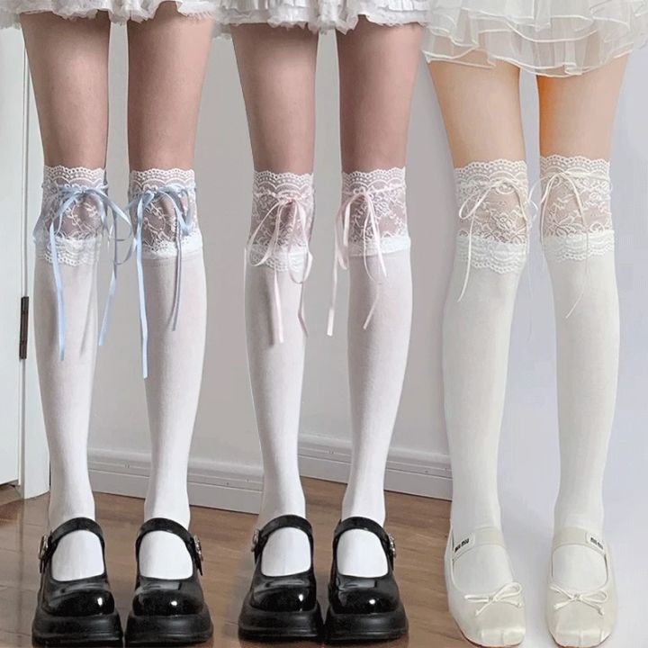 New Thigh High Socks Knit Lace Bowknot Autumn and Winter Thick Leg Warmers Stockings White Black Lolita Cute Over the Knee Socks