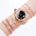 6PCS/Set Fashion Heart Dial Women's Watch Casual Leather Band Analog Quartz Watch Leaf Bracelets Set（Without Box）. 