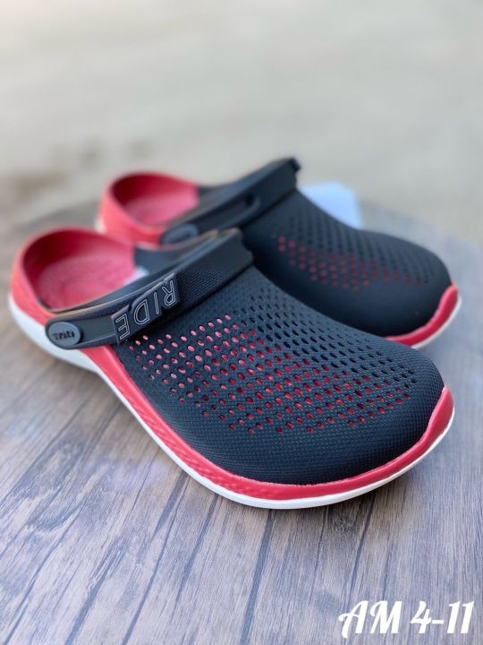Crocs ride shoes are made of 100% genuine Rubber. the latest flat heel shoes are 36 to 45. they can fit both women and men for 2 days.
