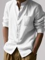Minimalist Men's White Linen Button-Down Shirt, Stand Collar, Modern Office & Weekend Essential.