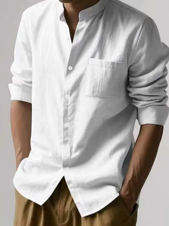 Minimalist%20Men's%20White%20Linen%20Button-Down%20Shirt,%20Stand%20Collar,%20Modern%20Office%20&%20Weekend%20Essential%20-%20Image%203