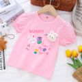 Children's Summer Short Sleeve T-Shirt For Girls 2025 New Fashion T Shirt With Cute Bunny 3D Plush Rabbit Design Casual Top. 