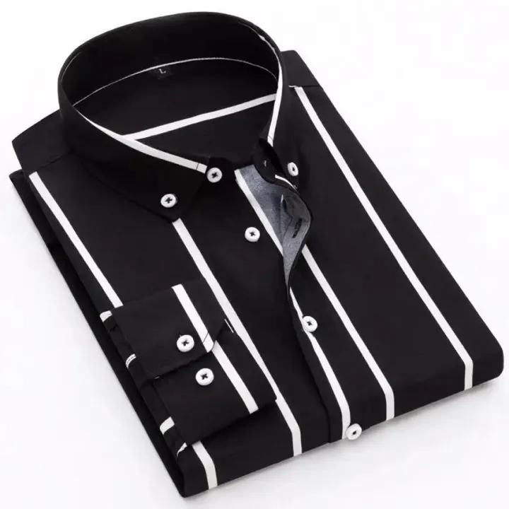 Men's Striped Shirt Long Sleeve All-Match Slim Fit Korean Fashion Black Blue Print Shirts Non-iron Casual Business Dress Shirts