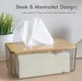 Tissue Box, Facial Tissue Dispenser Box with Bamboo Wood Lid, Transparent Container, Modern Minimalist Design. 