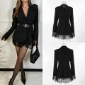 Women Elegant Lace Hem Black Suit Coat Fashion V-neck Single Breasted Slim Fit Blazer 2026 New Spring Office Lady Blazer Outwear. 