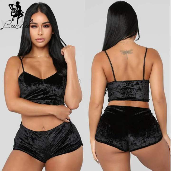 Women's Velvet Polyester Comfortable V-neck Underwear Setcamisole+shorts Pajamas Set Home Clothes Sleeveless Top Shorts