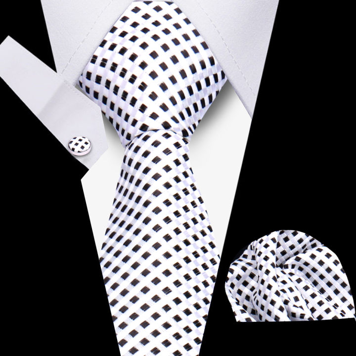 Tie Man Luxury Business Neck Tie For Mens Cufflinks Pocket Square Set 7.5cm Necktie For Wedding Party Shirts Sets White Cravats
