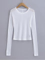Women Crew Neck Fitted Long Sleeve Semi Sheer T-shirt. 