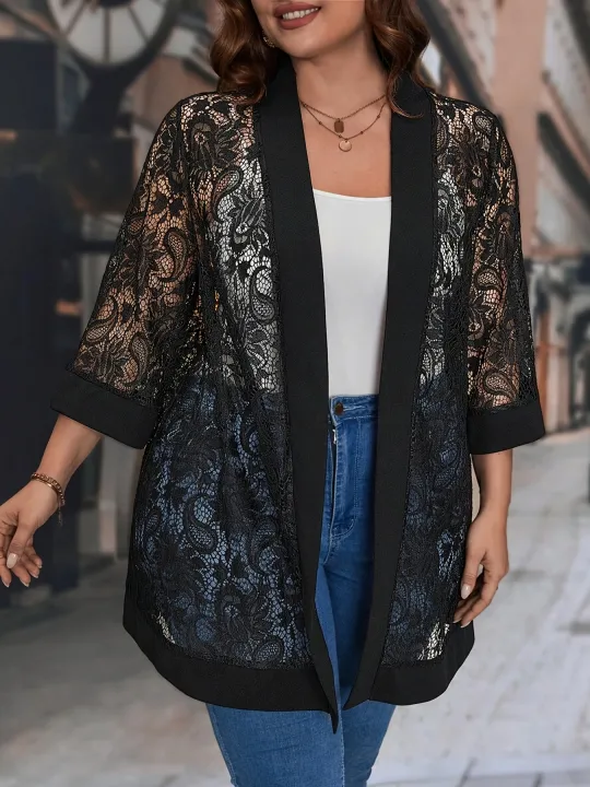 Plus%20Size%20Lace%20Jacket%20for%20Women%20Black%20Floral%20Pattern%20Casual%20Style%20Medium%20Stretch%20Fabric%20All%20Seasons%20Floral%20Pattern%20Cardigan%20-%20Image%203