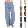 Women's Cotton Linen Pants Casual Loose Solid Elastic Waist Pocket Straight Trousers Ladies Oversize Wide Leg Pant Streetwear. 