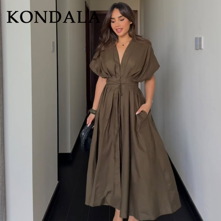 KONDALA%202026%20Spring%20Summer%20Vintage%20Women%20Dress%20Fashion%20Single%20Breasted%20Sashes%20Draped%20V%20Neck%20Sleeveless%20Chic%20Brown%20Ladies%20Dresses%20-%20Image%204