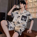 Large Size Men Pajamas Set Ice Silk Cartoon Bear Short-Sleeved Student Two-Piece Cardigan Lapel Smiley Letters 3xl Code Pajamas.