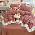 3pcs red,black plaid Duvet Cover Set (1*Duvet Cover + 2*Pillowcase, Without Core), Lace embroidery Bedding Set. 