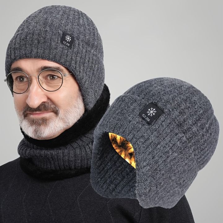 Winter warm woolen hat for middle-aged and elderly people, men's one-piece snowflake ear protection, thickened knitted hat for a