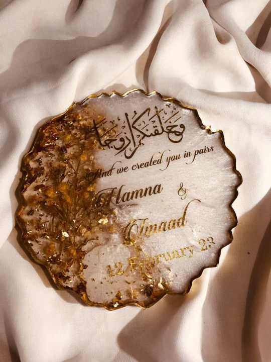 Resin wedding coaster handmade white and golden 5 inches