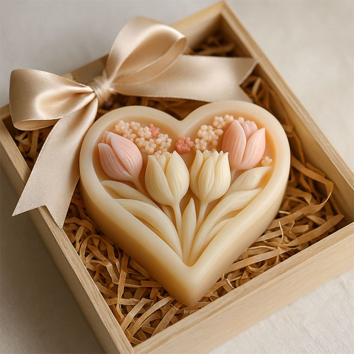3D heart-shaped tulip silicone mold with clear texture, easy to clean and demould, for handmade DIY soap decoration ornaments Va