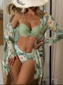 Swim Summer Beach Tropical Print Mesh Bikini Set Cross Wrap Push Up Bra Top 3 Pieces Bikini. 
