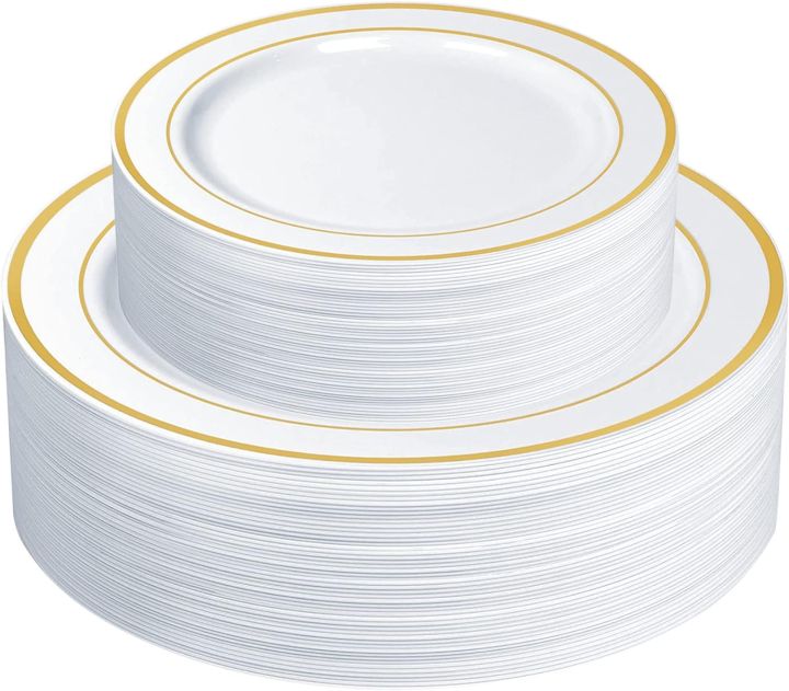 10PCS Premium Plastic Heavy-Duty Disposable Gold Trim Plates 10.25" Dinner Party Plates and Disposable 7.5" Salad Plates