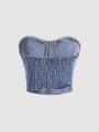 European style plunging neck denim spring new style  and intense allure fitted waist shaping design. 