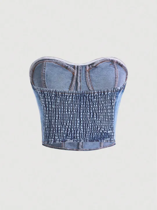 European%20style%20plunging%20neck%20denim%20spring%20new%20style%20%20and%20intense%20allure%20fitted%20waist%20shaping%20design%20-%20Image%202