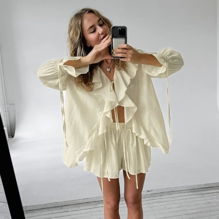Casual%20Shorts%20Two-piece%20Set%20For%20Women%20Ruffled%20Loose%20Tie%20Top%20Simple%20Shorts%20Set%20OL%20Office%20Lady%20Summer%20Female%20Shorts%20Suit%20-%20Image%203
