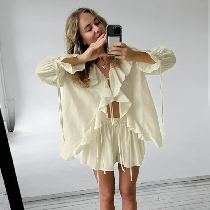 Casual%20Shorts%20Two-piece%20Set%20For%20Women%20Ruffled%20Loose%20Tie%20Top%20Simple%20Shorts%20Set%20OL%20Office%20Lady%20Summer%20Female%20Shorts%20Suit%20-%20Image%203
